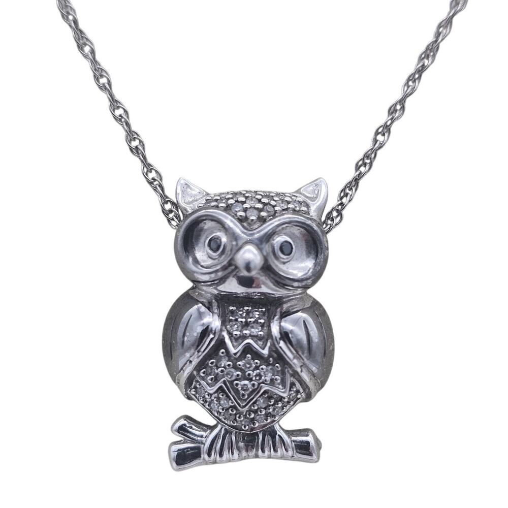 Sterling Silver Owl On The Branch Diamond Pendant with Chain Necklace